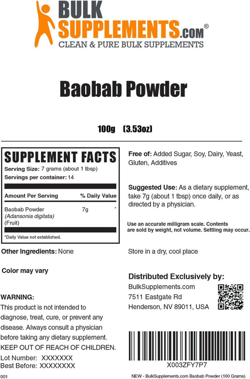 BulkSupplements.com Baobab Powder - Antioxidant, Vitamin C & Fiber Source, Gluten Free, 7g per Serving, 100g