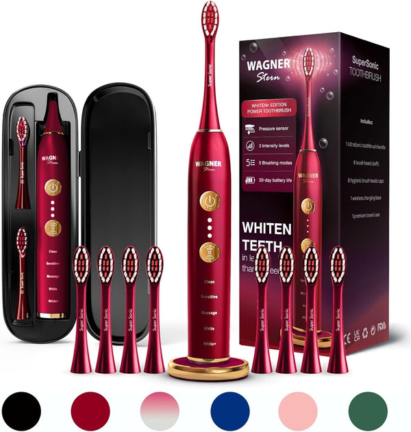 Wagner Stern WHITEN+ Edition Whitening Electric Toothbrush, 5 Brushing Modes, 8 Soft Brush Heads, Luxury Travel Case