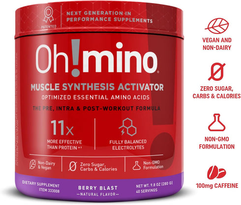 Oh!mino Amino Acid Energy Blend - Pre-Post Workout Powder, BCAA Amino Acids, 280 g, 40 Servings, Caffeinated Berry Blast