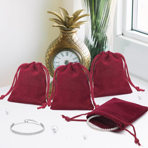 G2PLUS Red Velvet Jewelry Pouches, 20PCS Small Gift Bags with Drawstring, Wine Red Christmas Bags for Wedding Favors