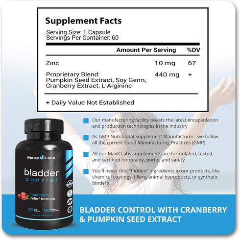 Bladder Control Supplement - Overactive Bladder Control Pills, 60Ct - Potent Blend of Pumpkin Seed Oil, Cranberry