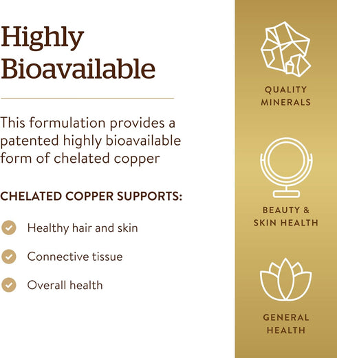 Solgar Chelated Copper, 100 Tablets, Supports Collagen Formation, Non-GMO, Vegan, Gluten Free