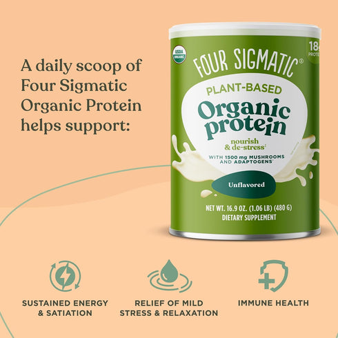Four Sigmatic Organic Plant-Based Protein Powder, Unflavored with Lion’s Mane, 16.9 oz