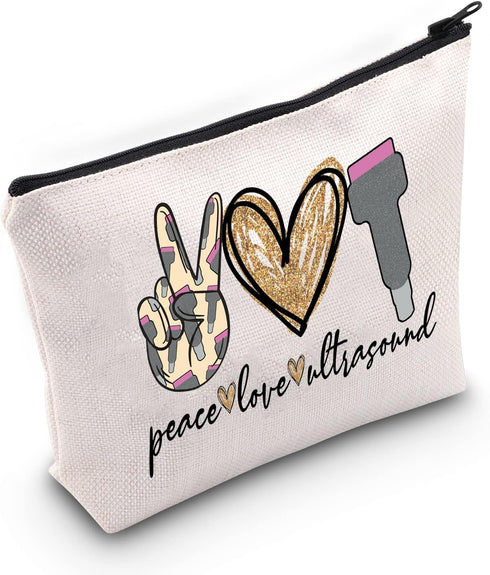 WZMPA Sonography Tech Makeup Bag, Peace Love Ultrasound Zipper Pouch for Radiologist Graduation Student