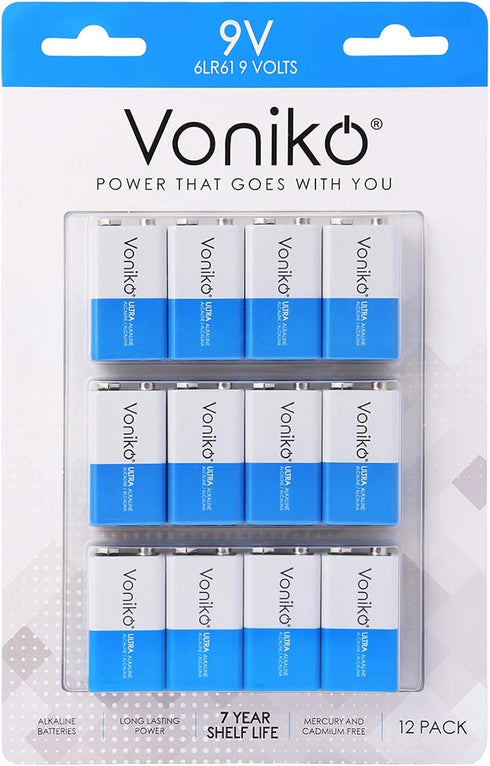 Voniko 9V Batteries - Alkaline 9V Battery 12 Pack - Ultra Long Lasting with 7-Year Shelf Life