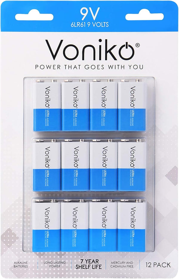 Voniko 9V Batteries - Alkaline 9V Battery 12 Pack - Ultra Long Lasting with 7-Year Shelf Life