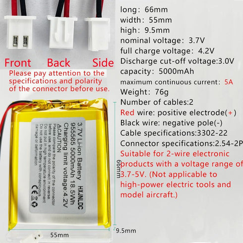 HXJNLDC 3.7V 5000mAh 955565 3.7-5V 2-Wire DC li-ion Lithium Ion Polymer Battery Replacement for DIY Electronic Products