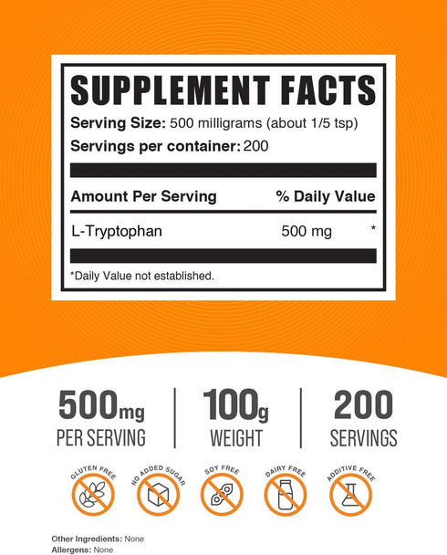 BulkSupplements.com L-Tryptophan Powder, 500mg per Serving, Gluten Free, 100g (3.5 oz)