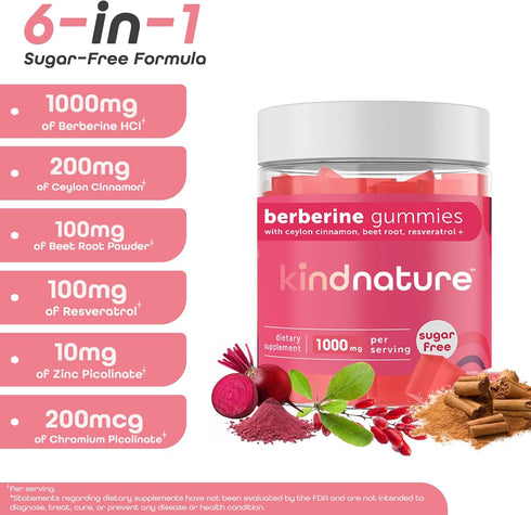 Kind Nature 1000mg Berberine Gummies, Sugar Free with Ceylon Cinnamon & Beet Root - Non GMO, 3rd Party Tested