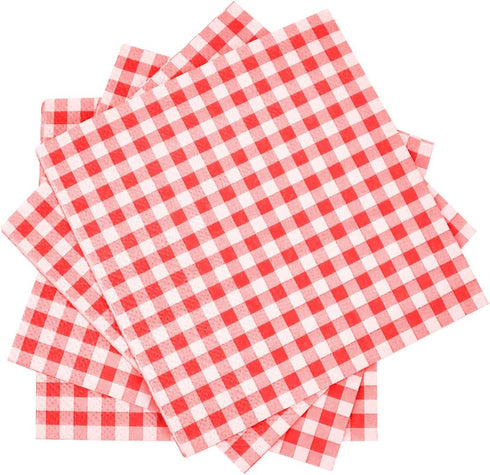 Gatherfun 80PCS Cocktail Napkins, 3-ply Red and White Gingham, Disposable Paper Beverage Napkins for Party, Bar, Picnic