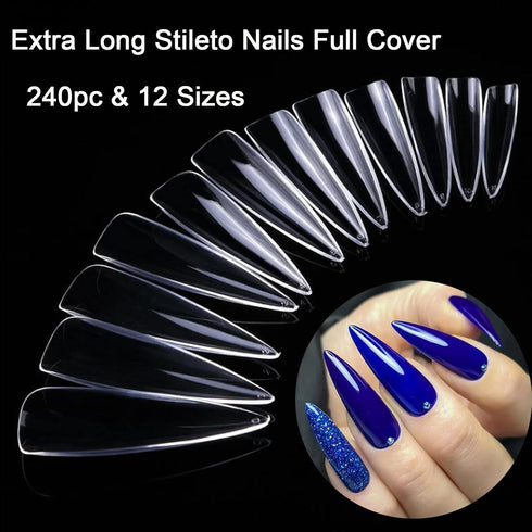 LoveOurHome 240pc XL Clear Stiletto Nail Tips, Full Cover Acrylic False Nails for Women Girls, 12 Size Manicure