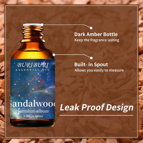 BURIBURI Sandalwood Essential Oil 100ML - 100% Pure Undiluted Aromatherapy Oil for Soap, Candle Making, Diffuser