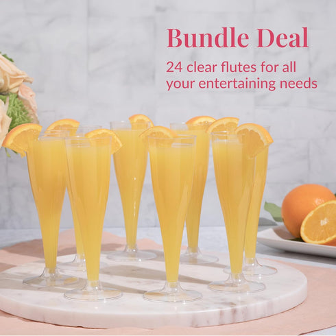 Prestee Set of 24 Clear Plastic Champagne Flutes, 4.5 oz Shatterproof Disposable Glasses for Celebrations