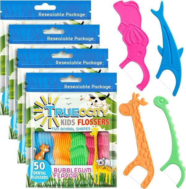 Kids Flossers 4 Pack (200 Total), Cute Animal Shapes, Floss Picks for Kids, Bubble Gum Flavored