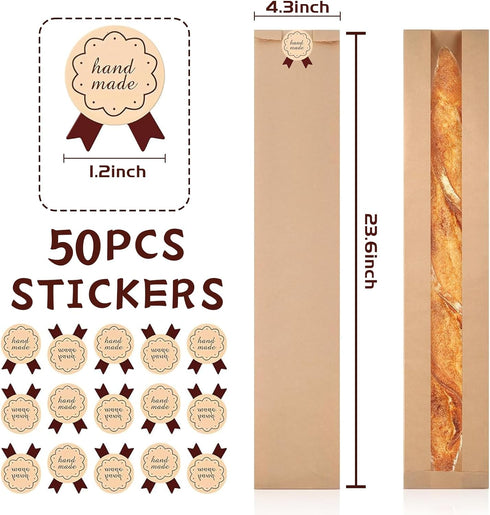 MXYEVL 50 Pack Baguette Bags for Homemade Bread with Stickers, Reusable Kraft Paper Bread Bags, Long Sourdough Paper