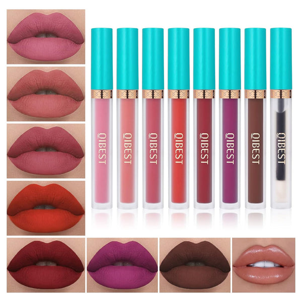 QiBest 7 Matte Liquid Lipstick Set with 1 Lip Plumper Gloss, Long Lasting, High Pigmented, Velvety Waterproof Lipgloss