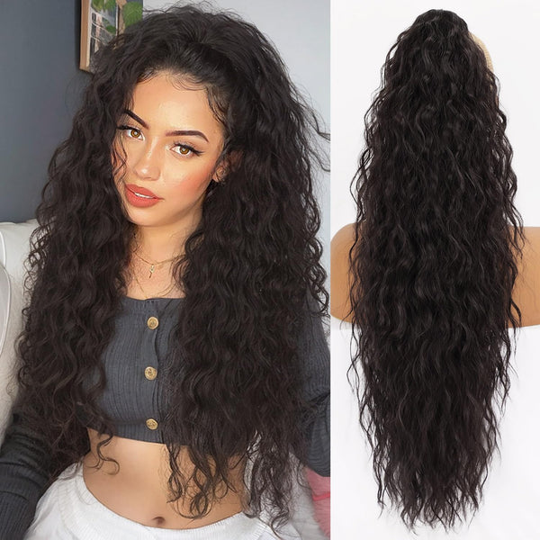 ORSUNCER Long Wavy Ponytail Extension, Black Brown 30" Curly Clip in Hair Extensions for Women