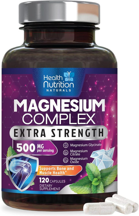 Magnesium Complex Supplement 500mg with Glycinate, Oxide, Malate, Citrate - High Absorption Capsules for Muscle, Heart,