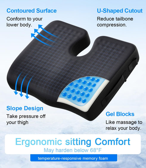 Csangpdg Wheelchair Seat Cushions Cooling, Ergonomic Seat Cushion, Waterproof Silk Fabric, Memory Foam Cooling Gel
