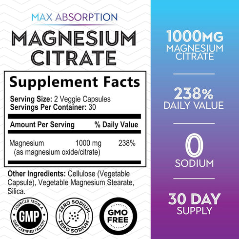 Magnesium Supplement 1000mg - Extra Strength Magnesium Complex for Muscle, Nerve, Bone & Heart Health Support - High Absorption Magnesium Citrate 500mg Capsules - 30 Day Supply - 60 Veggie Capsules