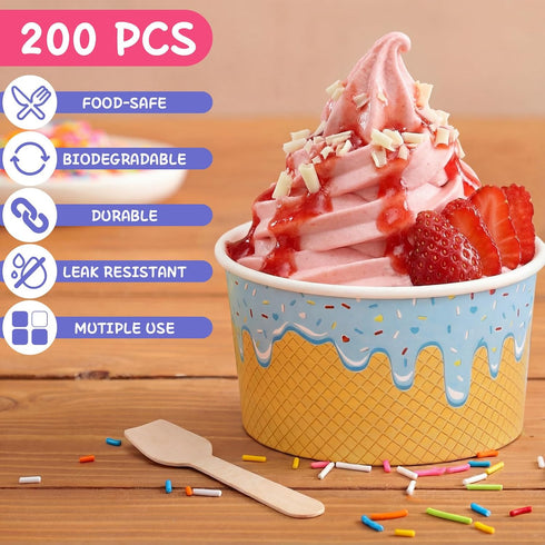 Ninehaoou 200 Pack 8 oz Frozen Paper Ice Cream Cups with Wooden Spoons, Disposable Dessert Bowls, Colorful Sundae Bar