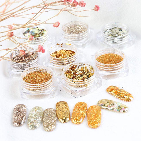 Holographic Glitter Sequins 3D Acrylic Nails Powder - Laser Dust Gold Silver Nail Art Supplies - 8 Boxes