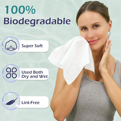 Disposable Face Towel, 100% Cotton, Extra Large 12" x 10" Soft Dry Wipe for Makeup Remover, Biodegradable, 80 Count (1