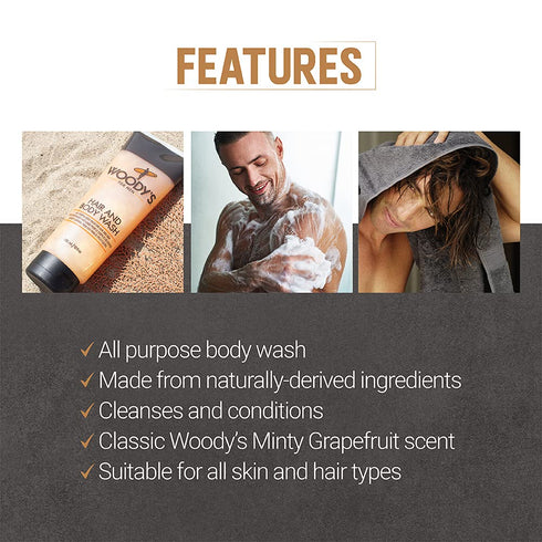 Woody's 10 Fl Oz 2-in-1 Hair Shampoo & Body Wash for Men, All-Purpose Grooming Wash, Refresh & Revitalize