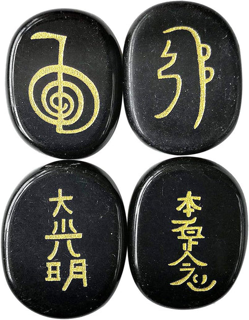 4 Pcs Black Obsidian Engraved Chakra Stones Healing Crystal Reiki Balancing Palm Stone - 25mm