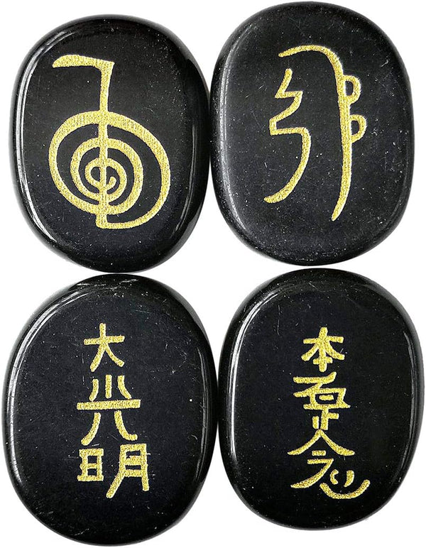 4 Pcs Black Obsidian Engraved Chakra Stones Healing Crystal Reiki Balancing Palm Stone - 25mm