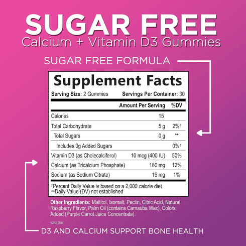 Calcium Supplement + Vitamin D3 - Sugar Free Calcium Gummies for Bone & Teeth Strength Support, Calcium Gummy Chews for Immune Support, Calcium Supplements for Women & Men, Non-GMO - 60 Gummies