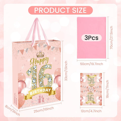 Yoirrat 16th 16th 16th 16th Rose Gold Sweet Birthday Gift Bag for Girls Pink Happy Birthday Gift Bag with Happy
