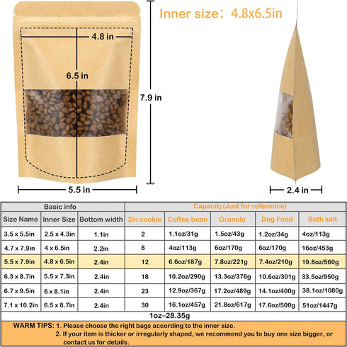 Blisstime Stand Up Pouches - 50 Pack Kraft Paper Bags with Matte Window for Small Business Home Use