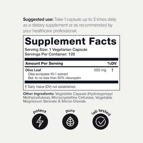 Olive Leaf Extract, Ultra High Potency 45:1 with 50% Oleuropein, Highly Concentrated, Third-Party Lab Tested, 120