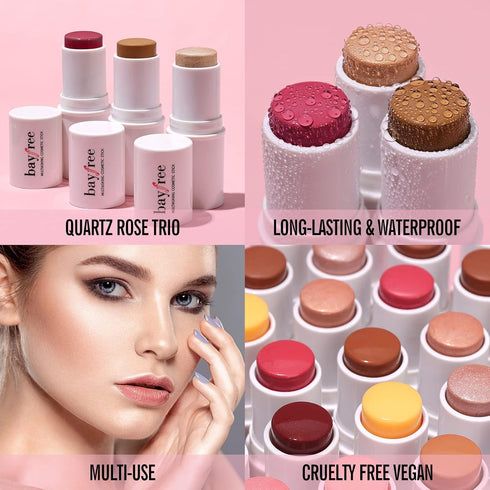 KIMUSE Multi Stick Trio Face Makeup - Cream Blush Stick for Cheeks & Lips, Contour and Highlighter Sticks