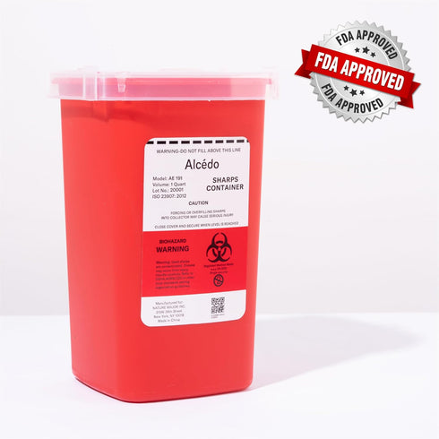 Alcedo Sharps Container for Home Use, 1 Quart Biohazard Needle and Syringe Disposal, Portable for Travel
