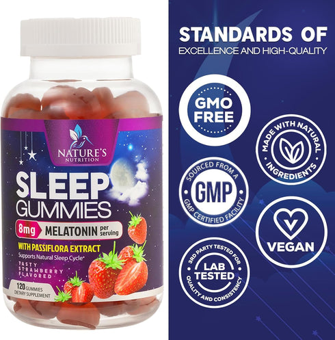 Melatonin Gummies 8mg - Extra Strength Sleep Support with 20mg Passiflora, Vegan & Non-GMO, Berry Flavor - 120 Gummies