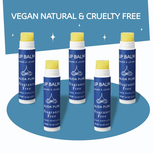 Vegan Fragrance Free Lip Balm Set, Unscented, 5 Tube Set, Organic Jojoba and Avocado Oil, Natural Moisturizer