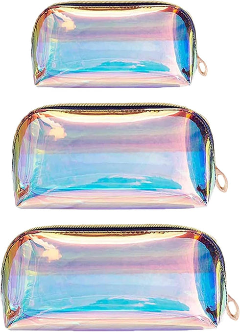 Holographic Makeup Bag, Iridescent Cosmetic Pouch, Clear Waterproof Portable Travel Toiletry Organizer Bag for Women
