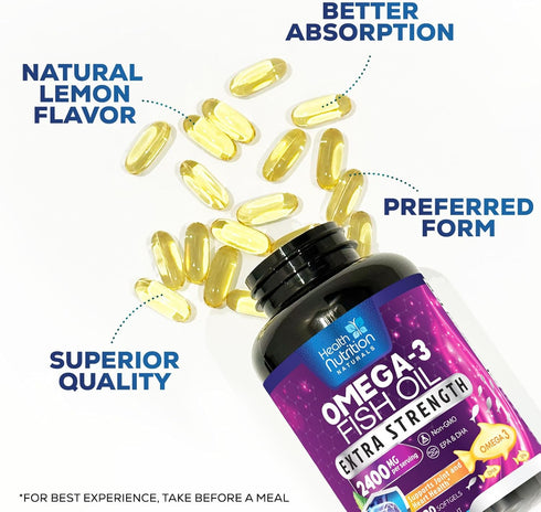 Fish Oil 2400 mg Triple Strength Omega-3 Supplement - Natural Support for Immune, Heart & Brain Health - Wild Caught,
