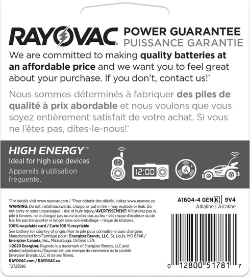Rayovac 9V Alkaline Batteries, 4 Count