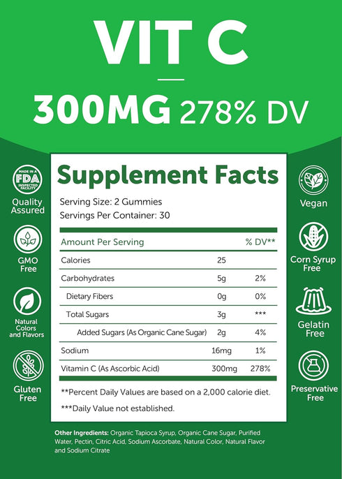 Vitamin C Gummies for Adults and Kids - 300mg Organic, NON-GMO, Vegan Chewable Supplement, 60 Count