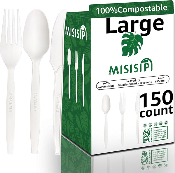 100% Compostable Heavy Duty Forks, Spoons, Knives Set, Eco-friendly Biodegradable Disposable Utensils for Lounge,