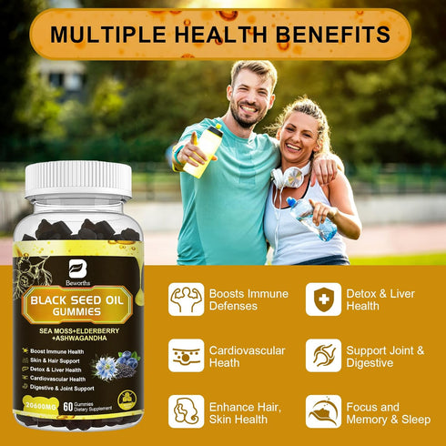 Black Seed Oil & Sea Moss Gummies, Organic Irish Sea Moss with Black Seed Oil, Immune Support, Joints, Digestion