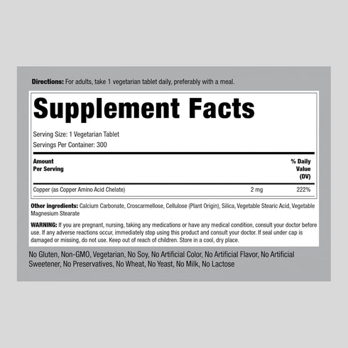 Chelated Copper 2 mg | 300 Tablets | Vegetarian, Non-GMO, Gluten Free Supplement | by Piping Rock