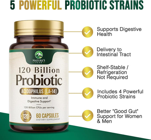 Nature's Probiotic Supplement for Gut Health & Bloating, 120 Billion CFU Probiotics for Women's Vaginal pH & Daily