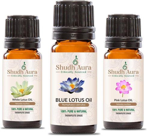 Shudh Aura Pack, Set 3 100% 5 ML Lotus Essential Oil Combo of Bottles, Pink Lotus, Blue Lotus, White Lotus, Pure