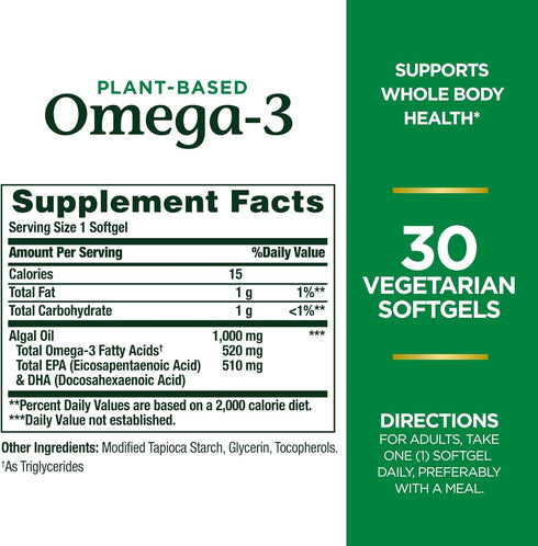 Nature's Bounty Plant-Based Omega-3, Supports Heart, Skin, Joint and Whole Body Health, 520mg Omega-3, 30 Softgels
