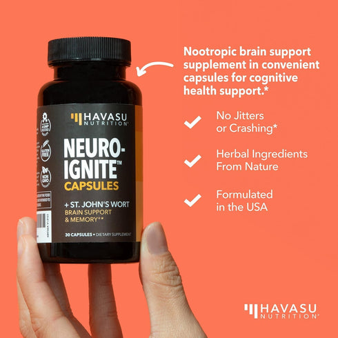 NeuroIgnite Brain Supplements 1 Month Supply for Memory and Focus Support with St Johns Wort & Ginkgo Biloba Nootropics