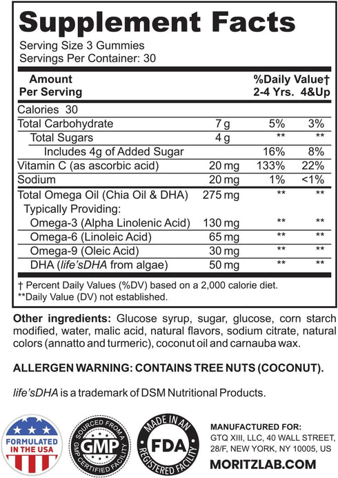DR. MORITZ Vegan Omega 3 Gummies for Kids and Toddlers (90 Count), Gluten Free Omega 3 Kids Gummies for Brain Health